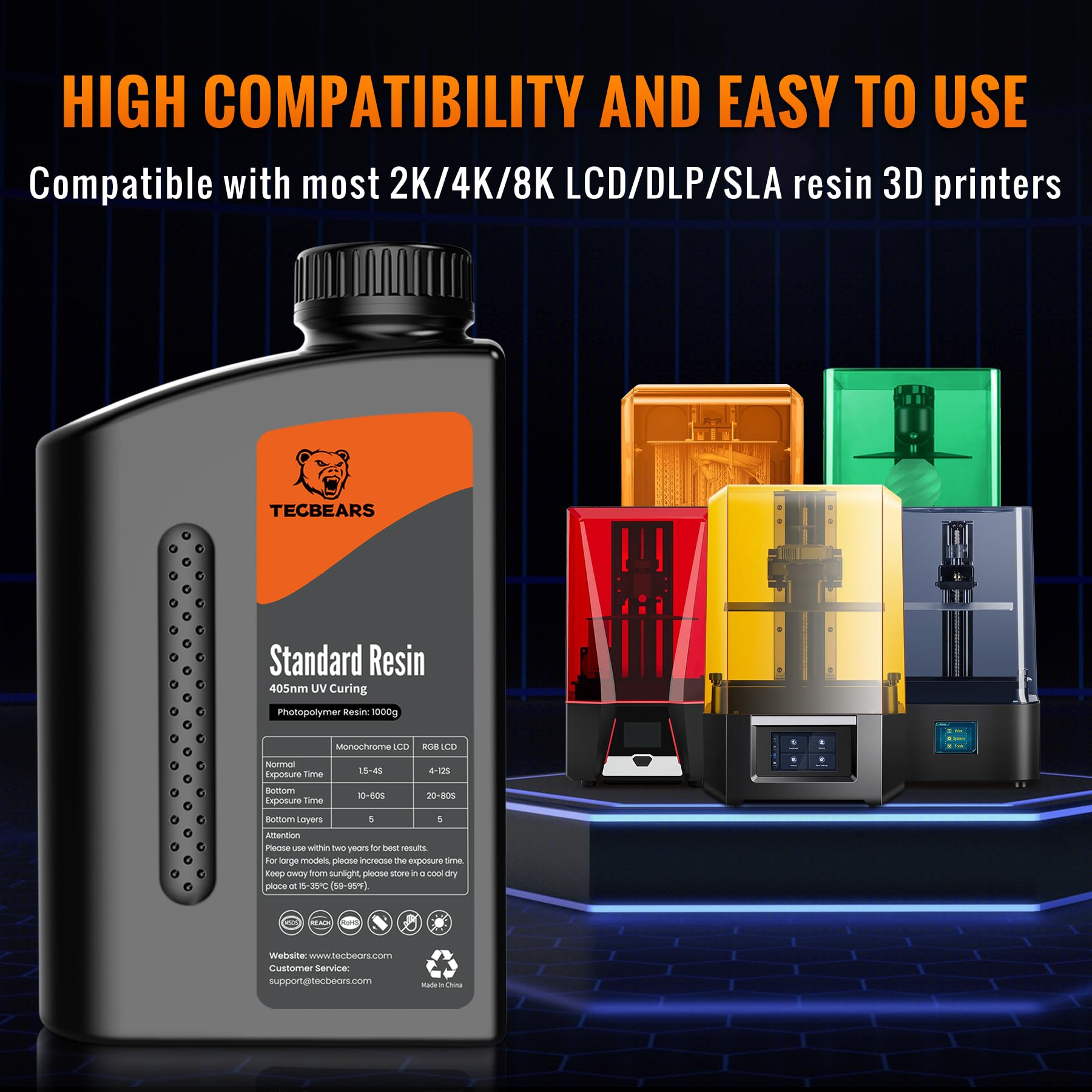 TECBEARS 3D Drucker Standard Resin Grau 2KG, 405nm UV Resin Standard Fast Curing Photopolymer für 4K/6K/8K LCD DLP SLA 3D Drucker, mit Hoher Genauigkeit und Hervorragender Fließfähigkeit