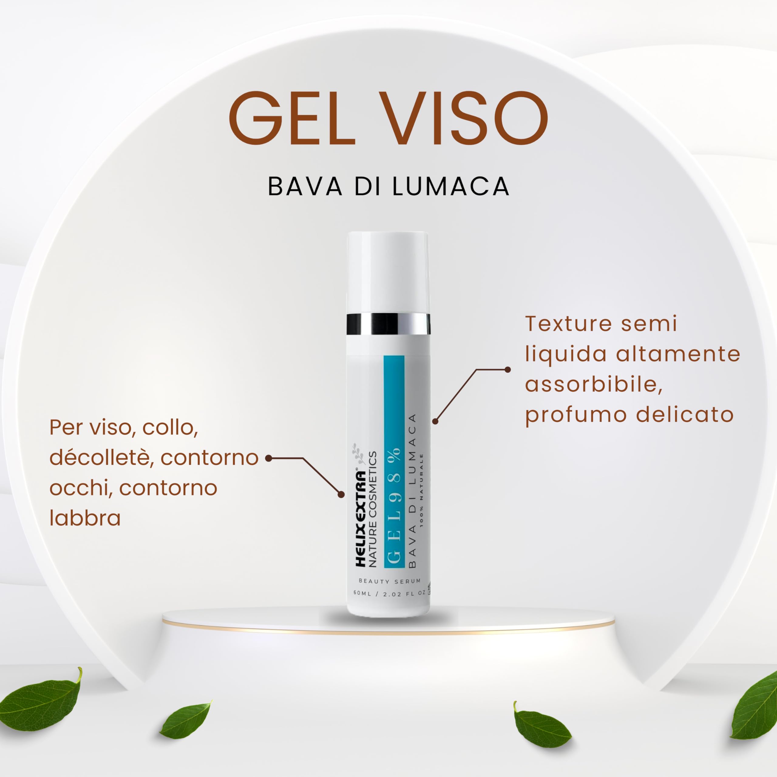 Helix Extra - Gel Viso Bava di Lumaca 98% - antirughe e antimacchie - Made in Italy Confezione da 2 x 60 ml