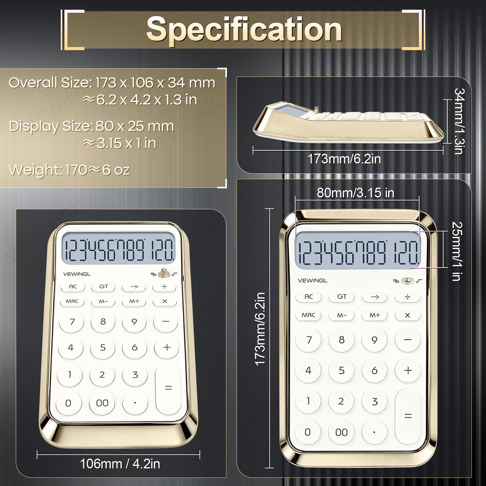 VEWINGL Calculadora de escritorio, pantalla HD de 12 dígitos con % de tecla, superficie metálica chapada al vacío, ideal para oficina, escuela u hogar (blanco galvanizado, sin voz)