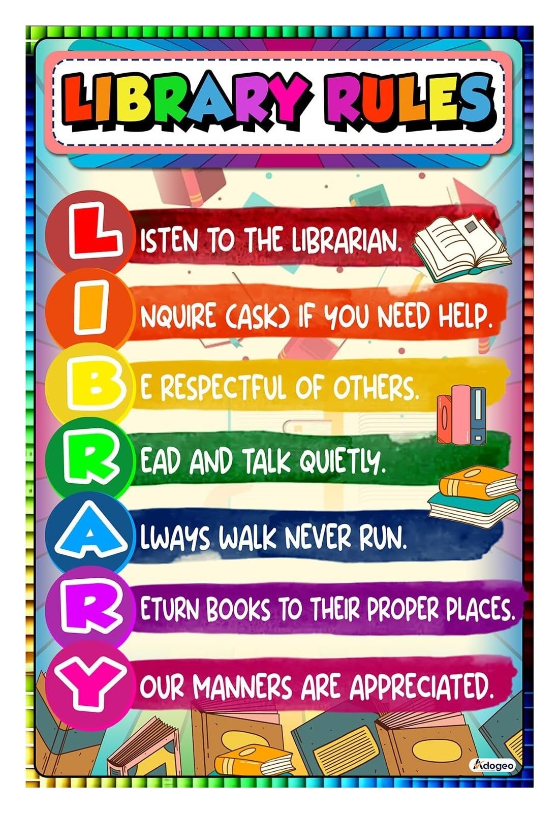 RNUMLIGH Library Rules Educational Poster Colorful Wall-Art for Classroom Decor Elementary Middle High School Reading Nook School Library Management Tool