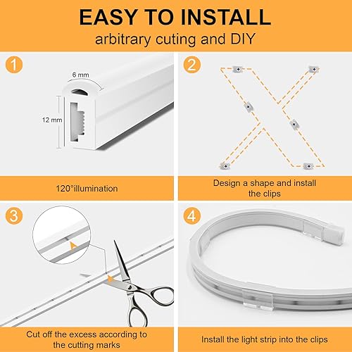 Miniatura 7 de MMEEVT Tira de luces LED de neón, tira de luz de neón blanca cálida de 16.4 pies, luces LED flexibles e impermeables, luces de neón de silicona para