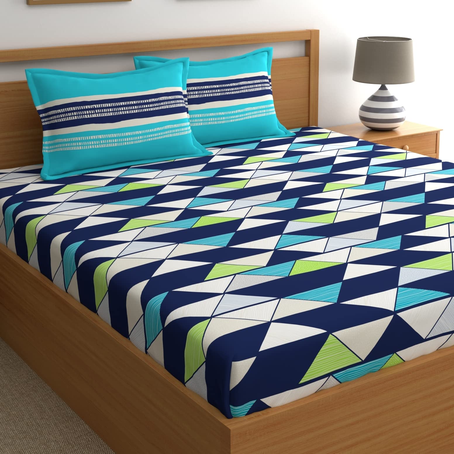 Home Ecstasy 100% Cotton Double Bedsheet with 2 Pillow Covers, 140 TC Cotton Geometric Navy Blue Bedsheet for Double Bed (7.3ft X 7.8ft) (B0BRT3CLY1) Amazon Price History, Amazon Price Tracker