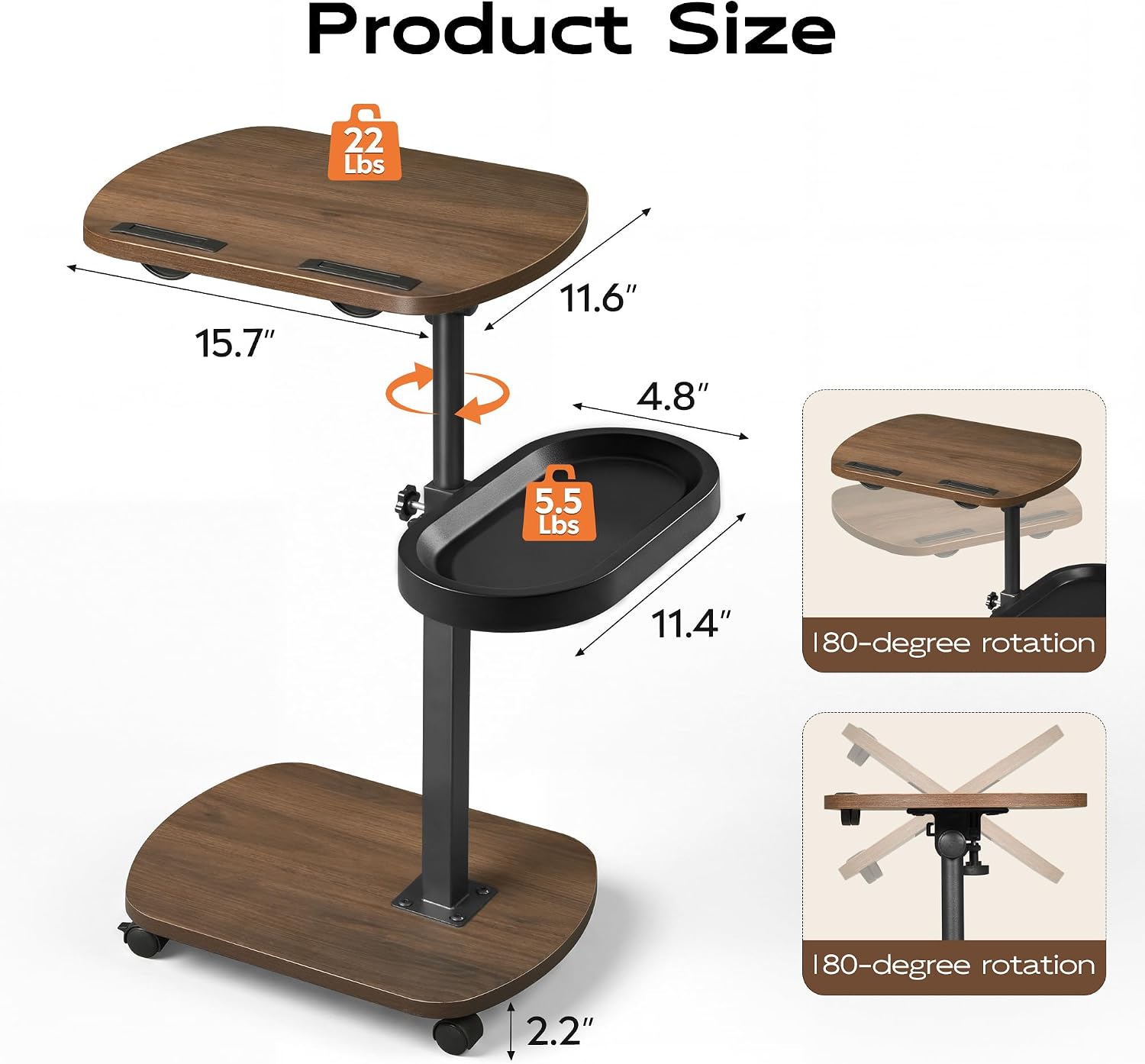 WLIVE C Shaped End Table Adjustable Height 360 Swivel TV Tray Rolling Cup