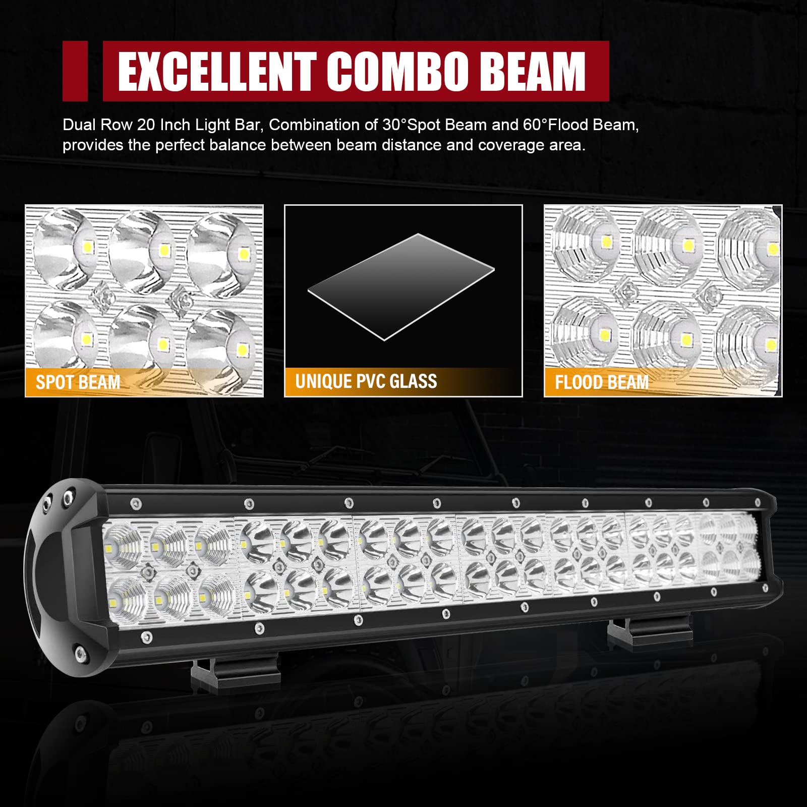 SKYWORLD Reflektor LED, dwurzędowy, 50,8 cm, 126 W, 10-30 V, wodoszczelny, do pojazdów terenowych 4 x 4 + 2 x 18 W, 10,2 cm, lampa robocza LED z zestawem wiązek przewodów