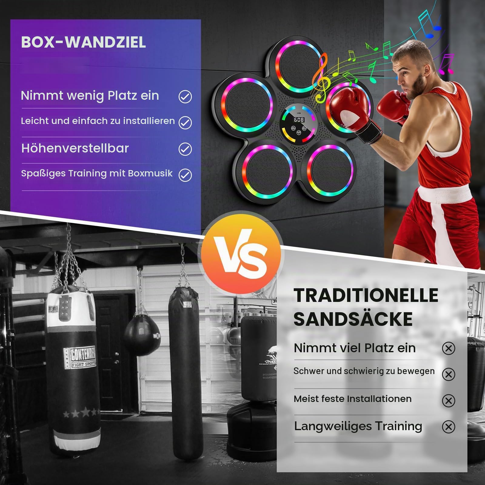 Music Boxing Machine, LED Elektronische Musik Boxing Machine mit 2 Boxhandschuhen, 9 Geschwindigkeiten, 9 Einstellbare Modi, Automatische Zählung, Geschenk Für Erwachsene und Kinder Exercise