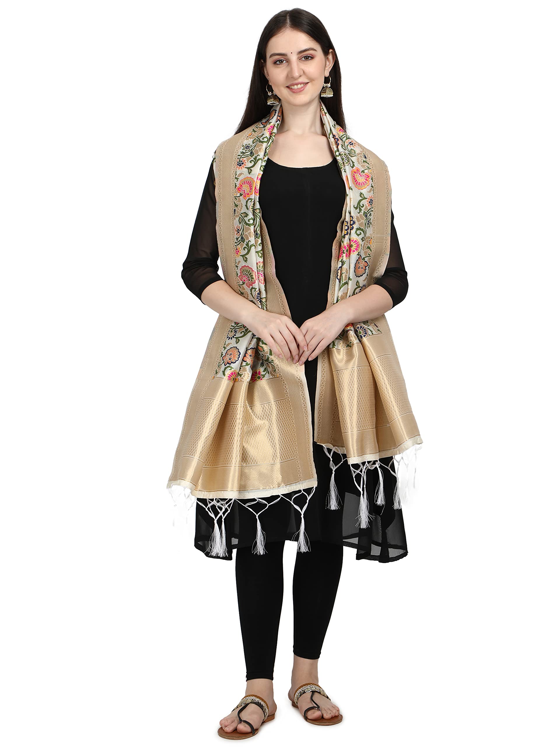 DEVANGI Women's Printed Banarasi Silk Dupatta Width 1 Meter, Length 2.5 Meter (OM-DT-11-WHITE)