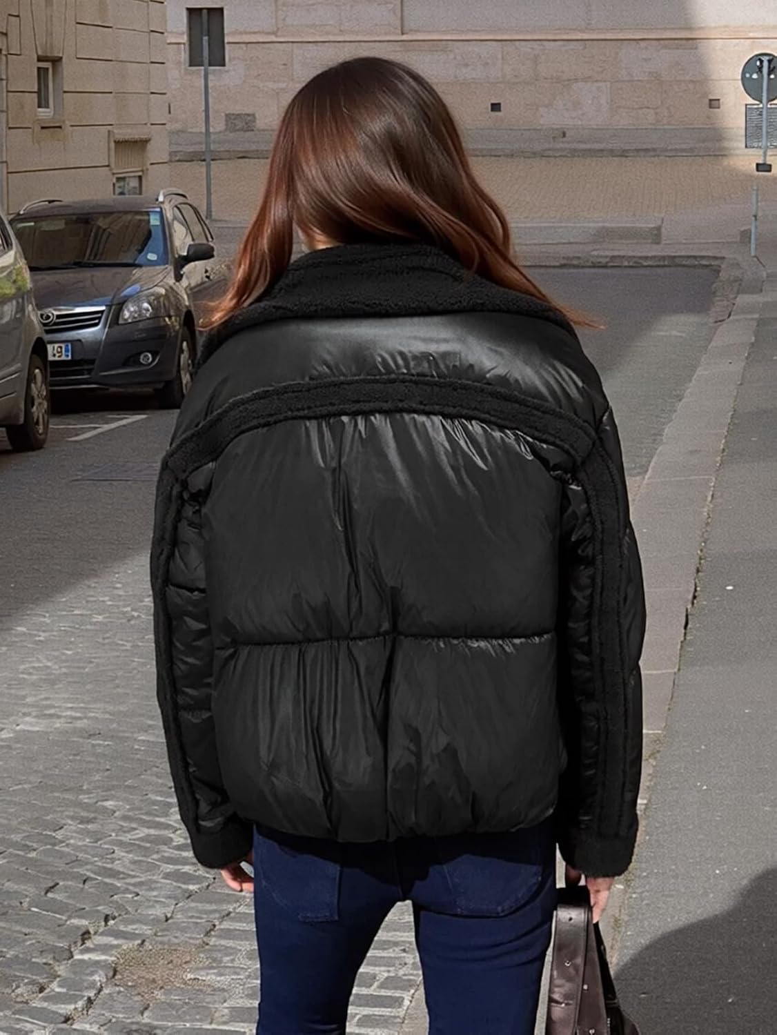 Women's Down Jacket with Faux Leather Thick Warm Winter Casual Fleece Lapel Outwear Zipper Pocket Coat
