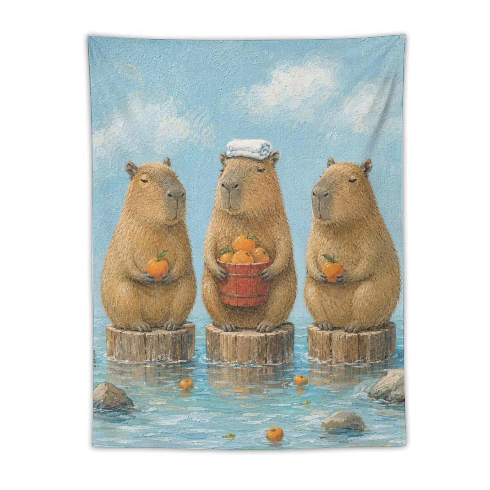 H3B8U2Y5 Capybara Trio with Fruit Wall Tapestry, Watercolor, Reading Corner
