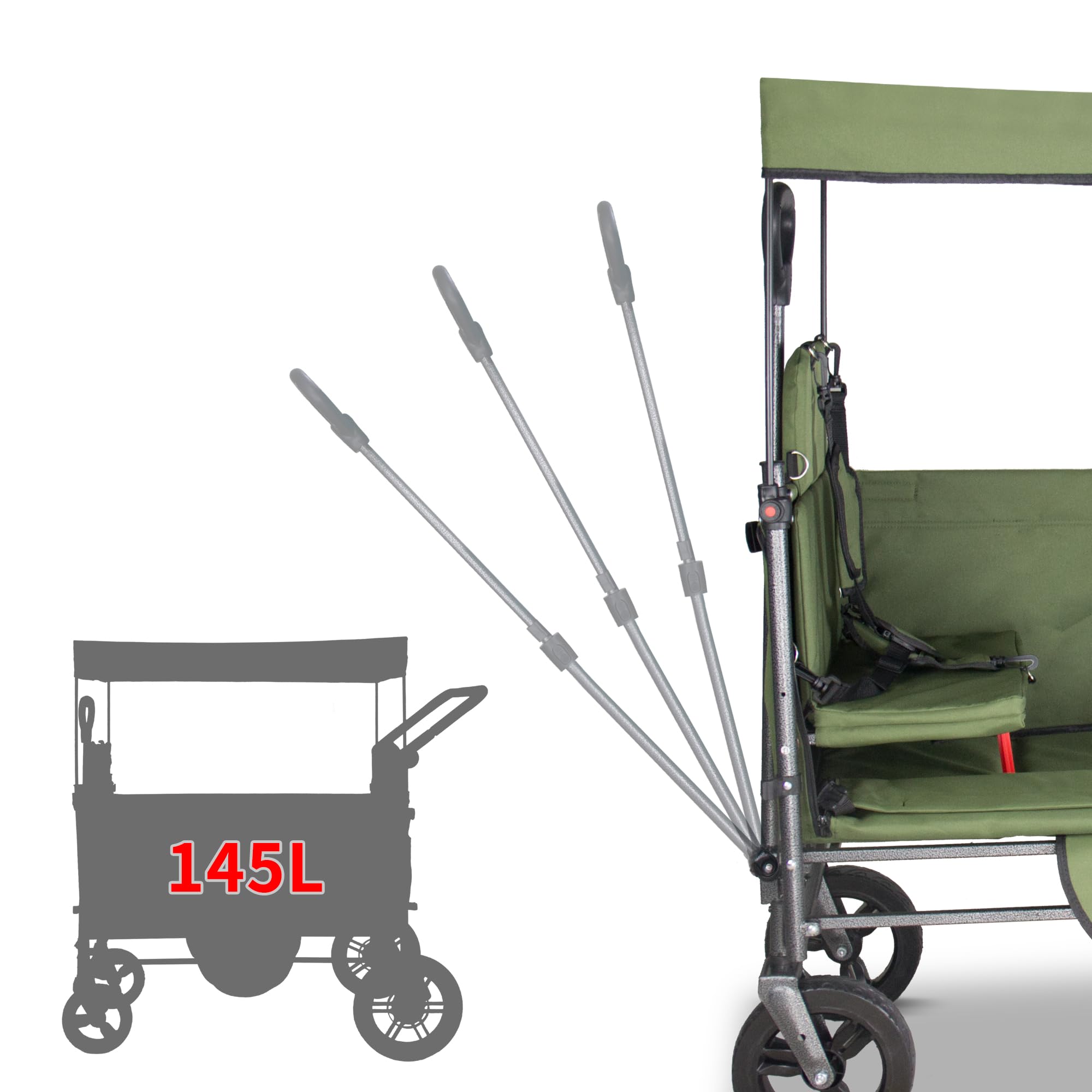 TMZ Faltbarer Bollerwagen mit Seitliche Öffnungsfunktion, Faltbarer Transportwagen mit 2 Sitzen, Handwagen mit Schiebegriff und Bremsen für Outdoor, Camping (Grün)
