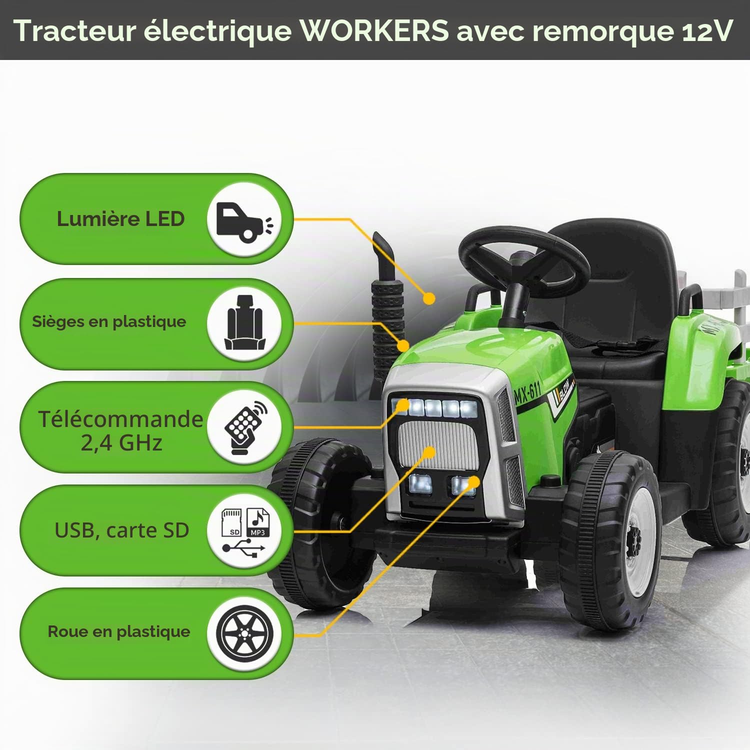 Tracteur électrique Workers avec remorque, Vert, Traction arrière, Batterie au Lithium, Roues Plastique, Large siège, télécommande 2,4 GHz, Lecteur MP3 avec entrée USB + Bluetooth, lumières LED