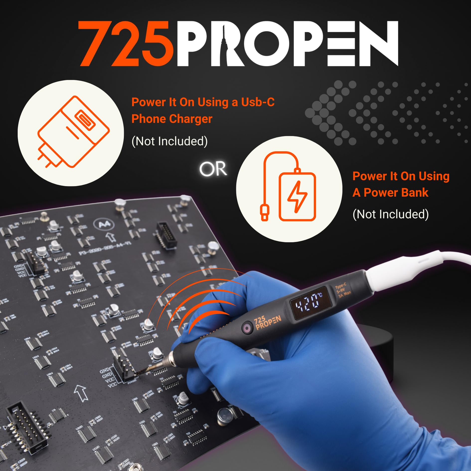 Cyfrowa lutownica, zasilanie USB-C, maksymalna temperatura 450°C, wyświetlacz LCD, przenośna (biała z czarnym)