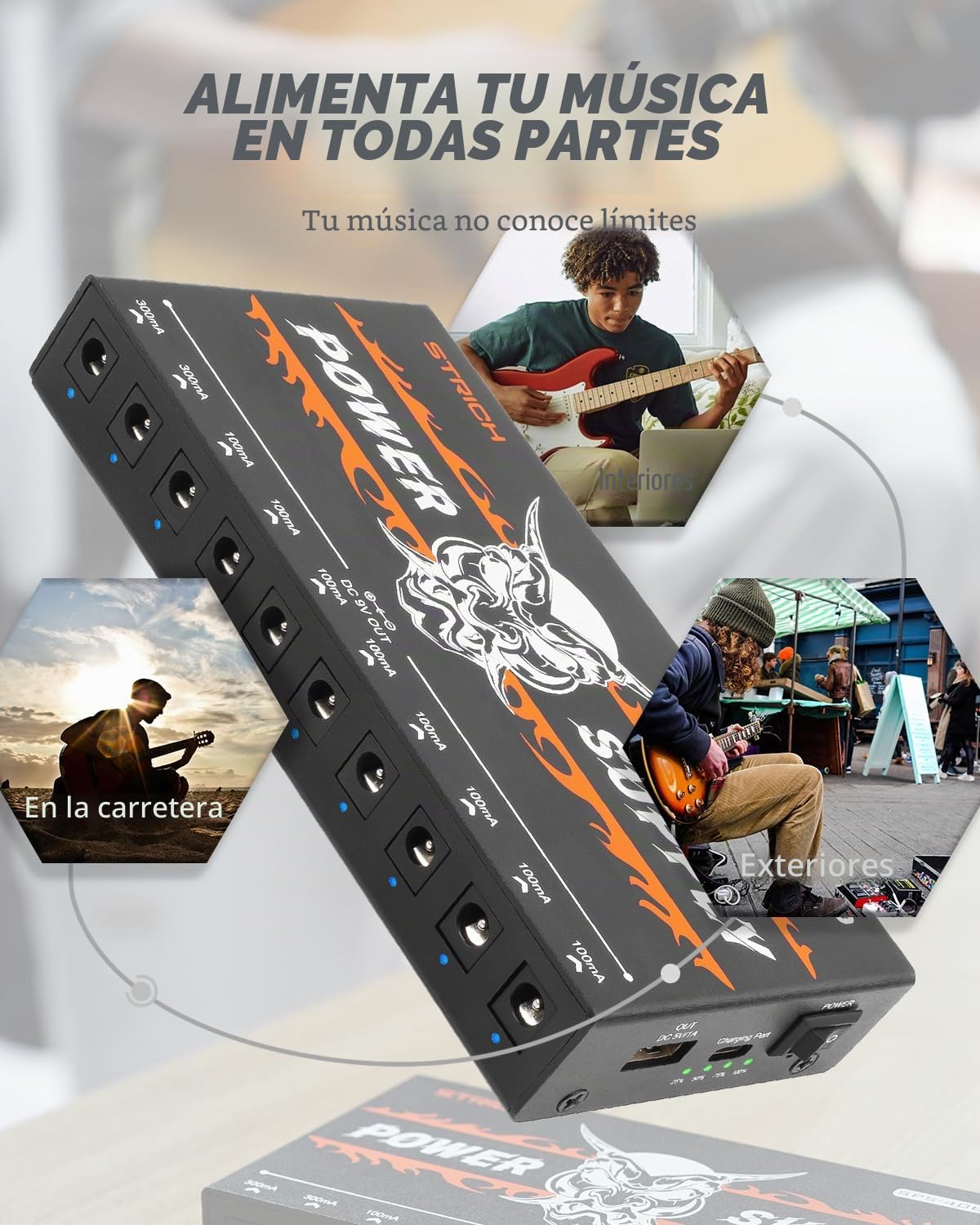 STRICH Fuente de alimentación de Pedal SPS-40B con Conectores Integrados de 10000 mAh, 10 Salidas CC 9 V (2 x 300 mA, 8 x 100 mA) para Pedales de bajo y Guitarra, batería Recargable, Pedal de Efecto
