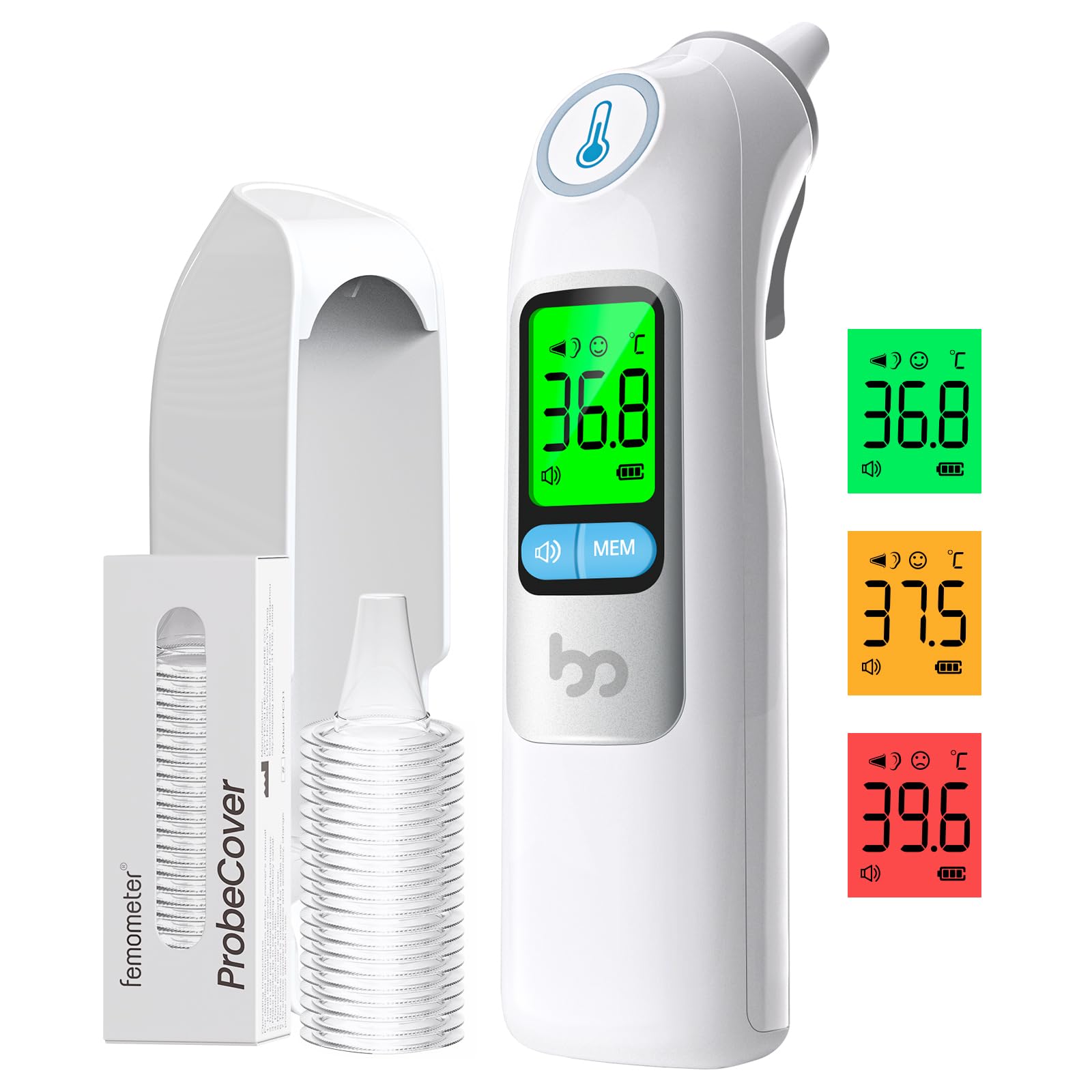 Fieberthermometer Ohr für Erwachsene & Kinder, 1s Ergebnis Hochpräzise Ohrthermometer, 30 Speicher Abrufen, 3-Farben-Fieber-Alarm, mit 21 Einweg-Sonde Abdeckungen & Aufbewahrungsbox