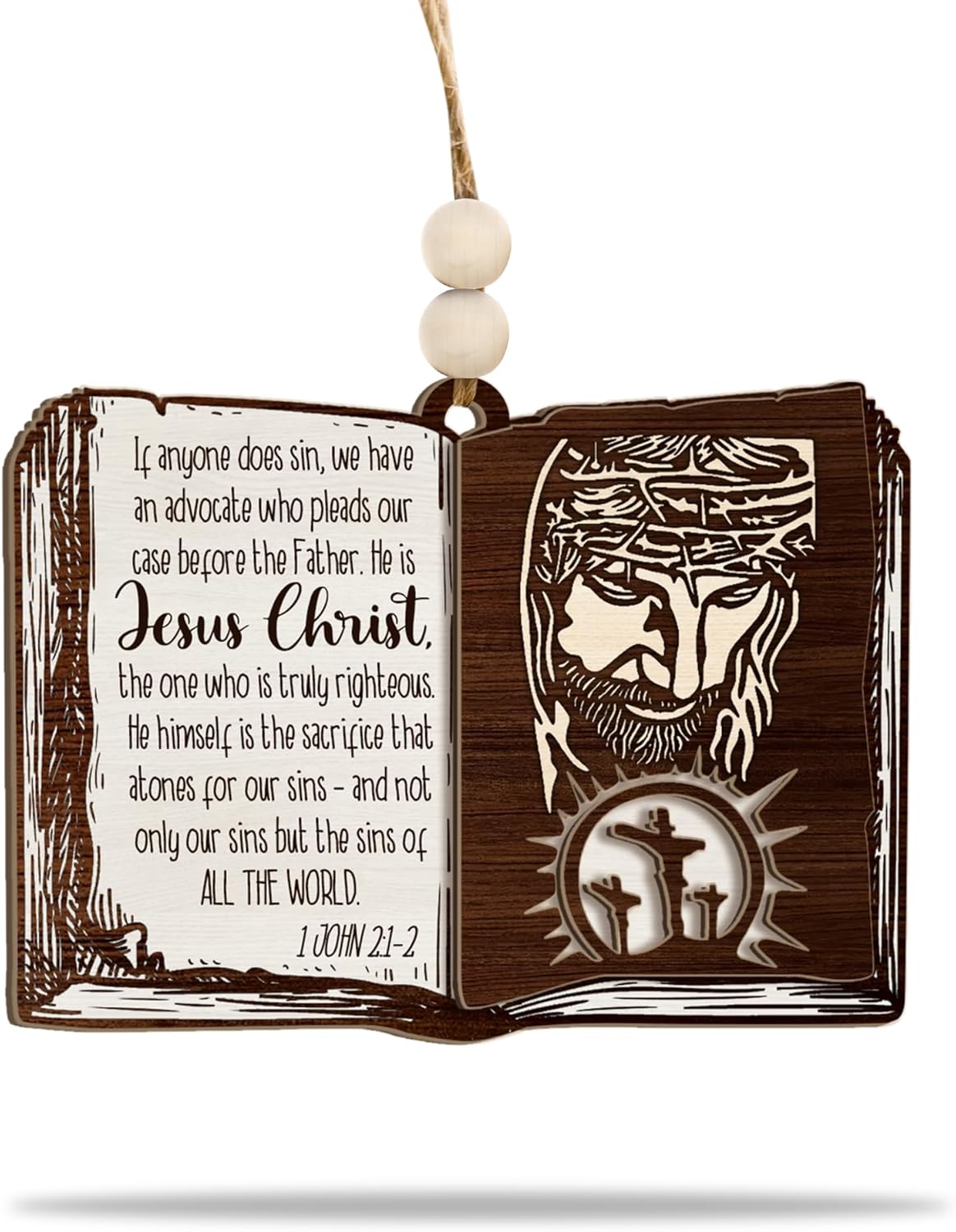 Bible Verse & Jesus Book Wooden Ornament – Christian Christmas Tree Decoration with Jesus Christ & 1 John 2:1-2 Scripture – Religious Faith Ornament & Inspirational Gift