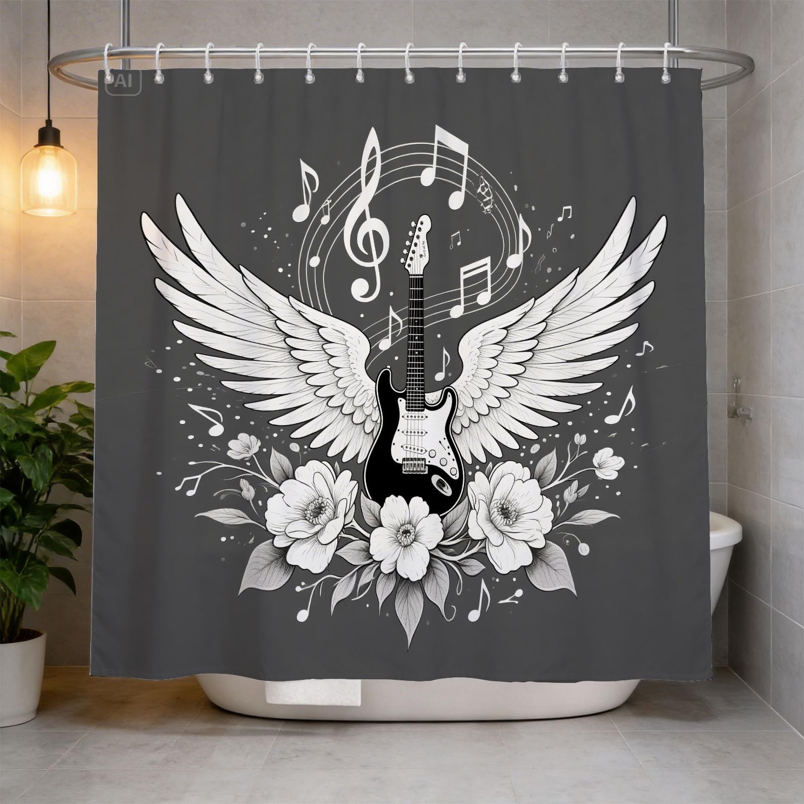 Hongduo 3D Guitar Wings Shower Curtain for Stalls Bathtubs Musical Note Bathroom Decor Shower Curtain Set Polyester Fabric Waterproof 180x200cm/71X79 Inch with Hooks