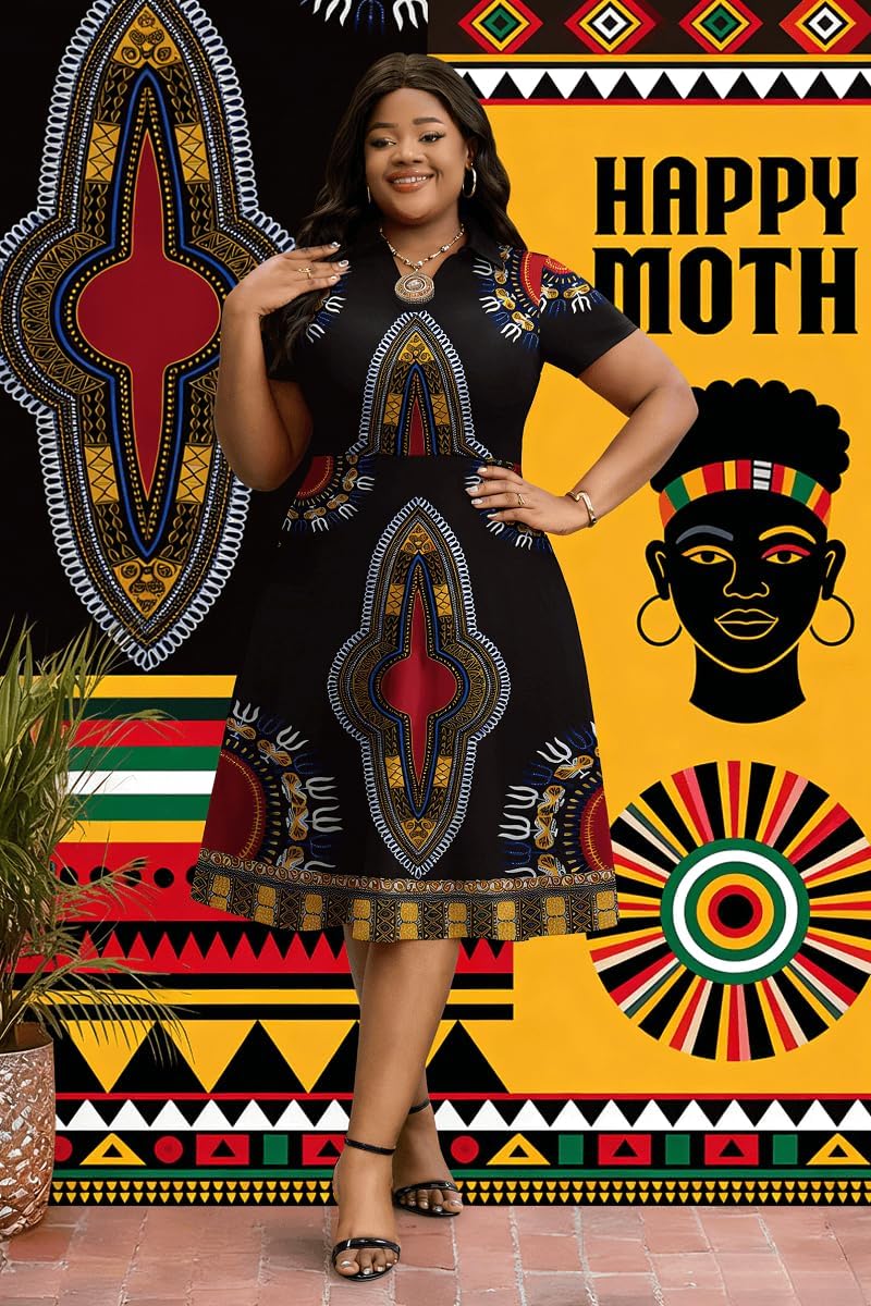 FANDEE Plus Size Dresses, Women Summer Casual V Neck Short Sleeve A-Line Cocktail Shirt Midi Dress with Belt and Pockets - Image 3