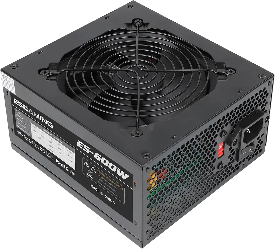 ESGAMING Fonte de alimentação ATX de 600 W com ventilador de 120 mm controlado termicamente automático ATX fonte de alimentação para jogos PSU