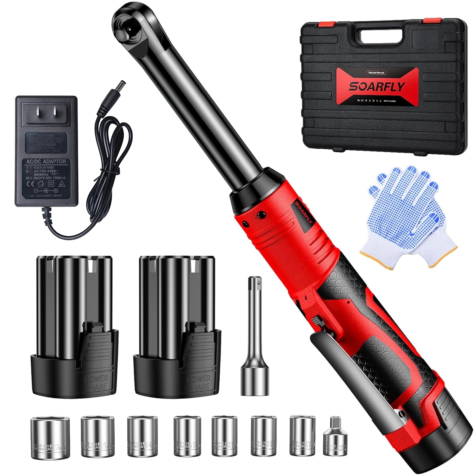 SOARFLY 3/8" Cordless Ratchet Wrench Set, Extended Electric Ratchet Wrench, 40 Ft-lbs (55 N.m), 450 RPM, 16.8V Wrench Ratchet Set with 2*2000mAh Lithium Batteries, Variable Speed, 7 Sockets, LED Light