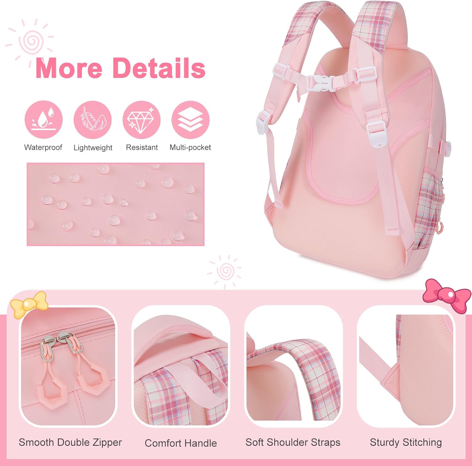 Girls Backpack - 3PCS Backpack for Girls Cute School Backpacks for girls with Lunch Box Pencil Case Cute Kids Teens Bookbag for Kindergarten Elementary Preschool Middle (Pink)