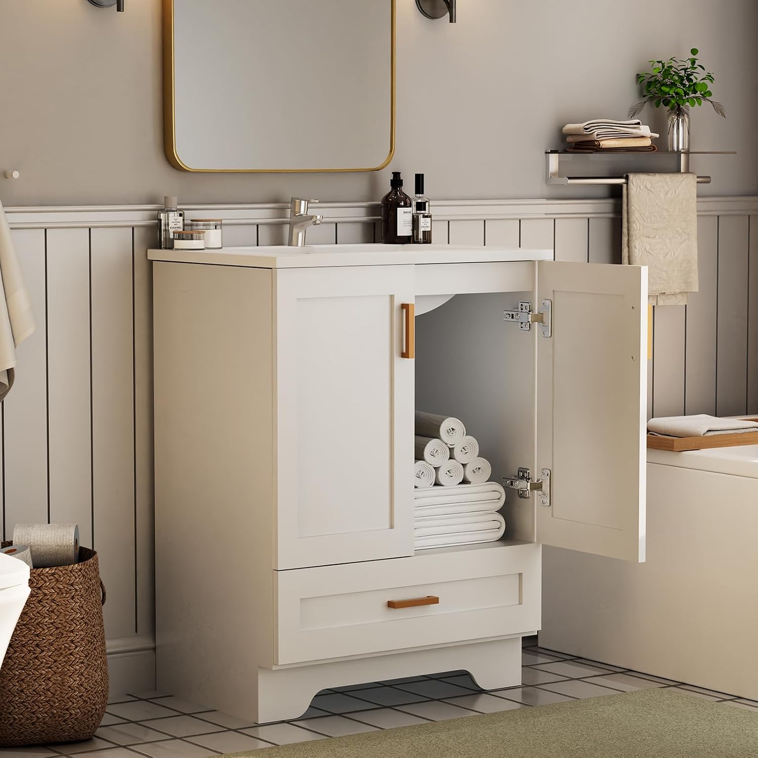24 Inch Bathroom Vanity with Sink – White Freestanding Vanity with Soft Close Drawers & Double Soft Close Doors, Ceramic Undermount Sink, Modern Small Bathroom Storage Cabinet for Upgrade (White, 24")