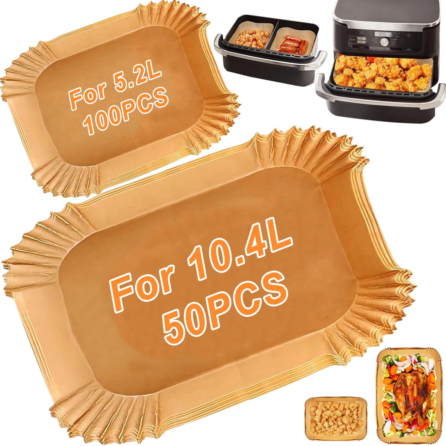150 Feuilles De Papier Cuisson Pour Air Fryer - Format Rectangulaire - Compatible Friteuses 10L Et 10.4L - Antiadhésif Et Perméable