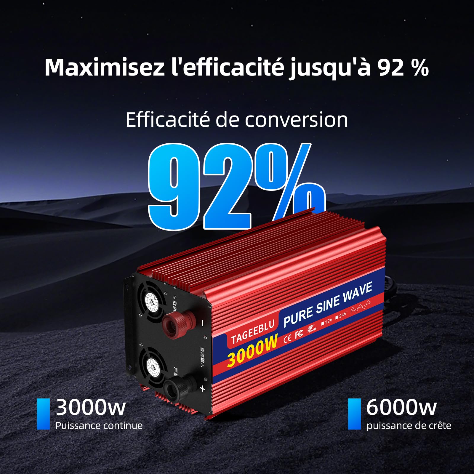 3000W Pur Sinus convertisseur 24v 220v Camion, transformateur 24v 220v avec écran LCD, 2 Prises UE