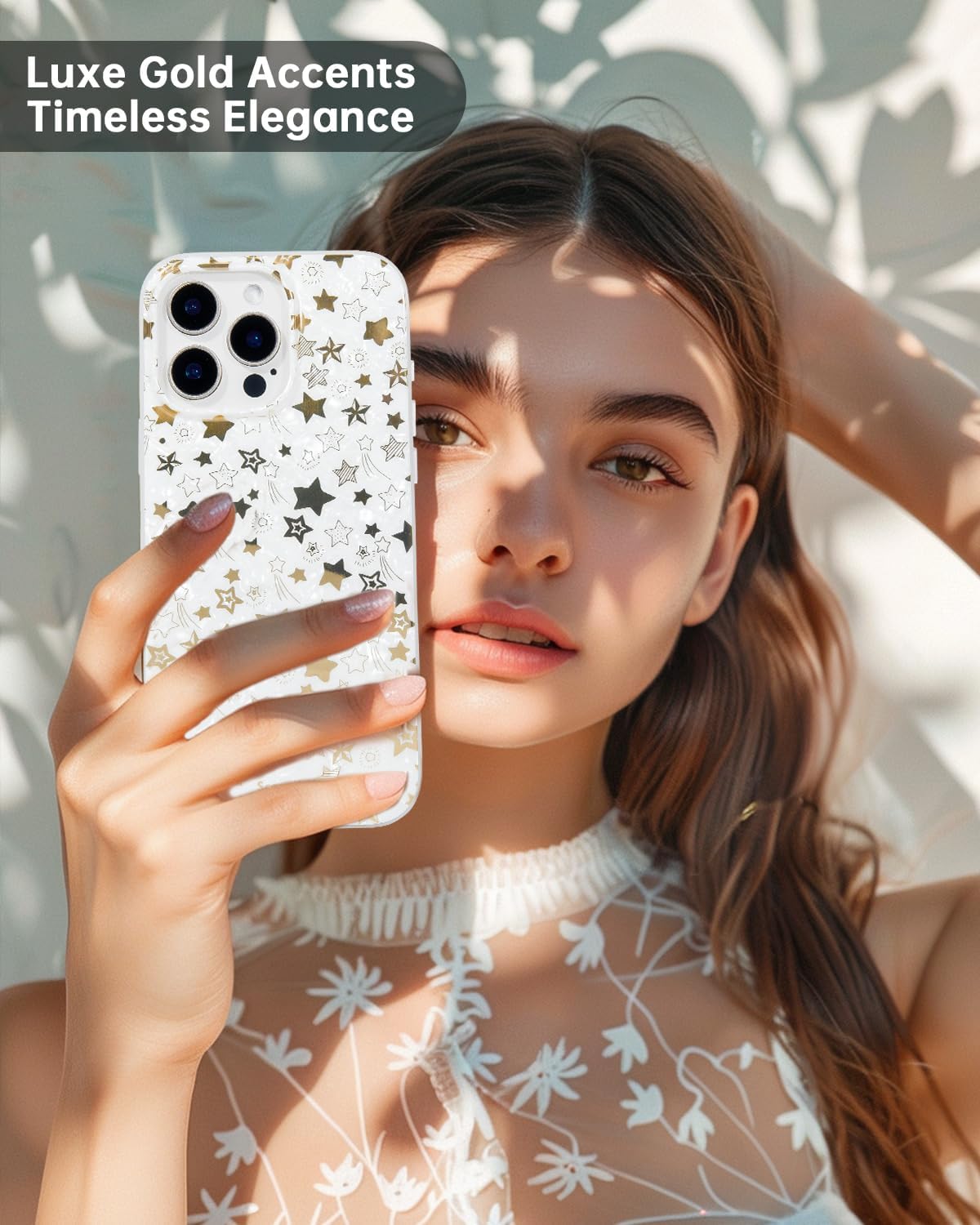 SCORPIFY for iPhone 16 Pro Case [Compatible with MagSafe] with Shining Pearl Star Design, Cute Clear Magnetic Phone Cover for Women Girls, White Slim Mother of Pearl Bumper with Gold Accents - Image 6