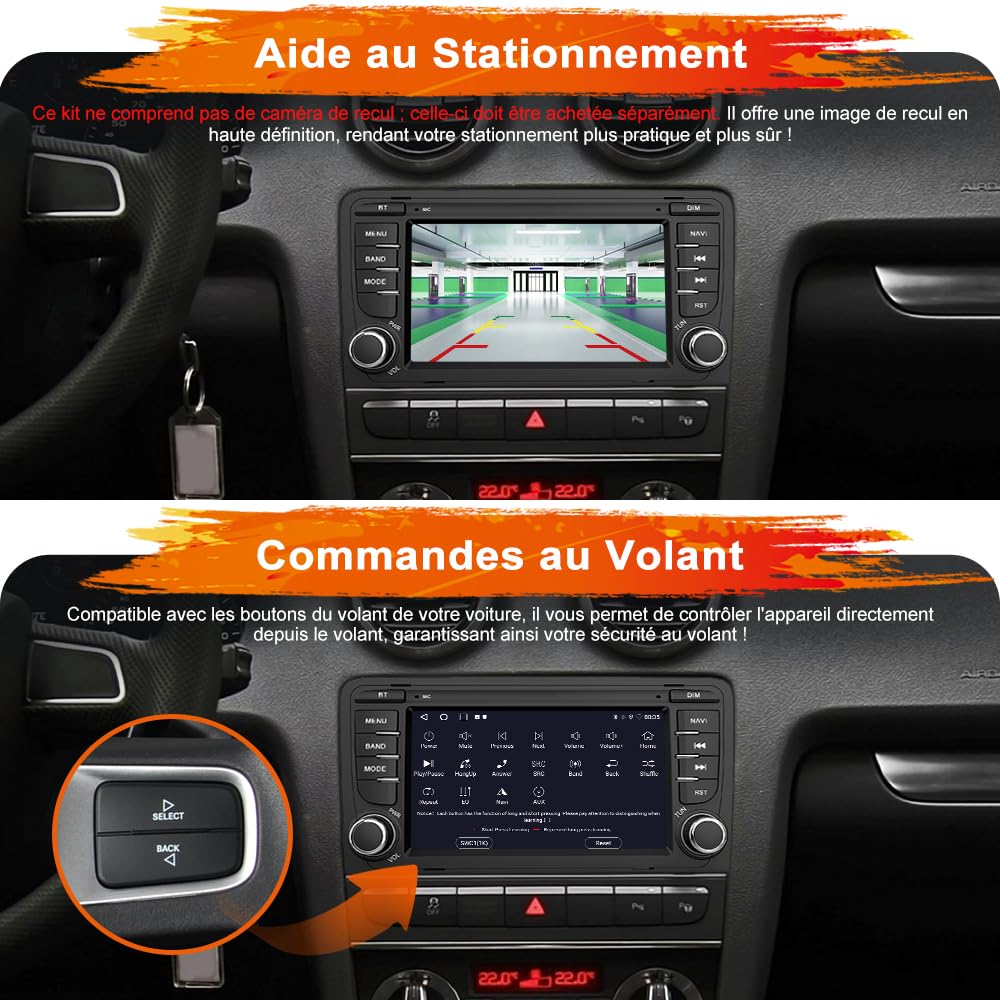 AWESAFE Autoradio Android 15 pour Audi A3 S3 RS3 8P (2003-2012), 7 Pouces Écran Tactile 2Go+32Go, CarPlay & Android Auto, GPS WiFi Bluetooth USB FM, Commandes au Volant