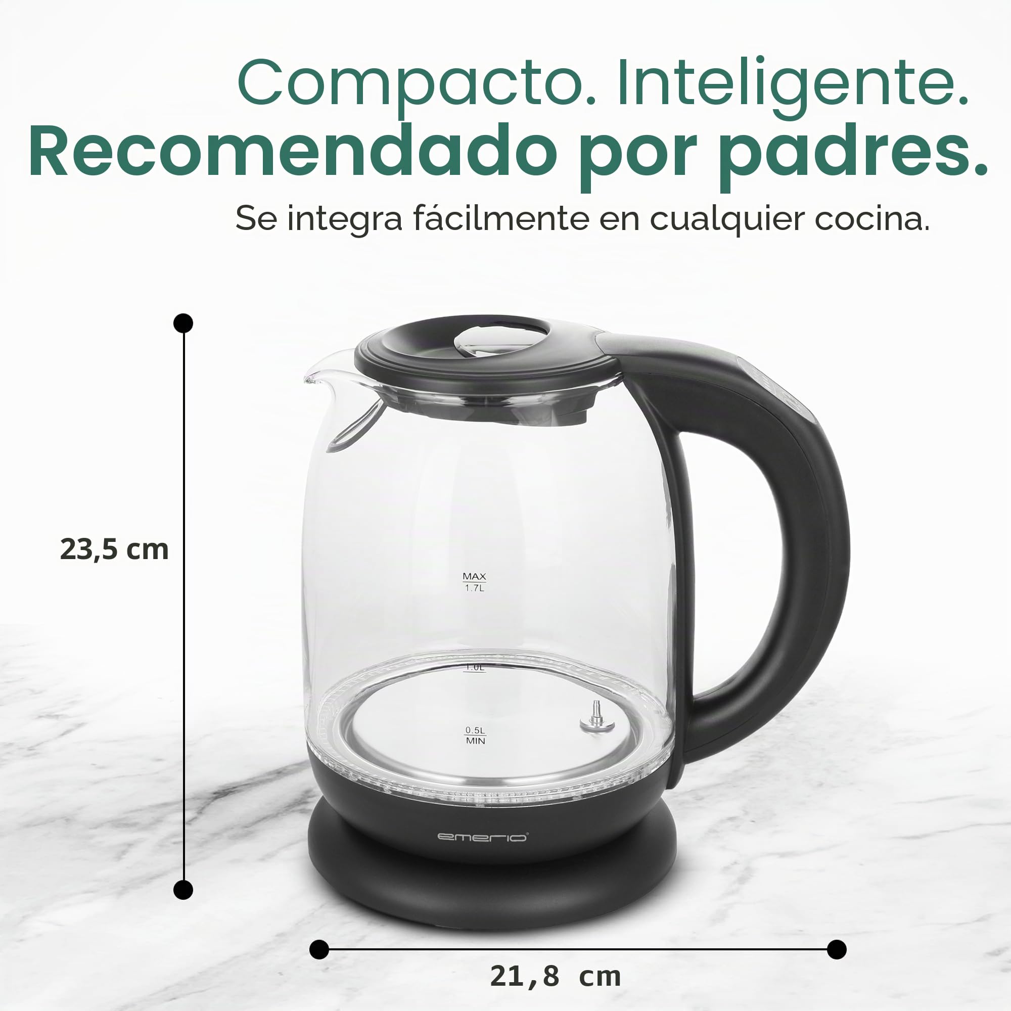 Emerio WK-119255 Hervidor De Agua Eléctrico Cristal, 2200 W, 1.7 litros, Acero Inoxidable, Transparente Negro [Clase de eficiencia energética A+]
