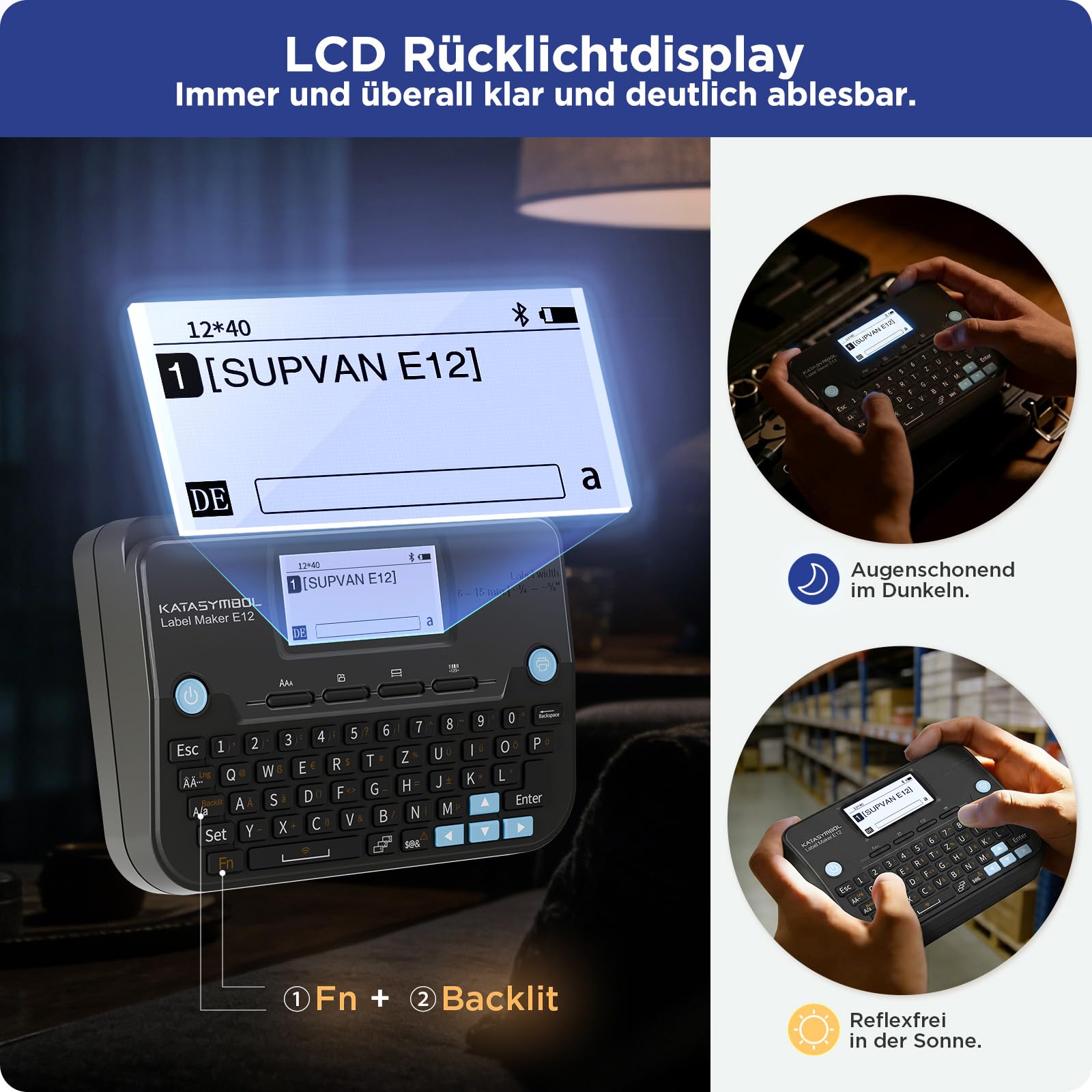 SUPVAN E12 Etikettendrucker mit QWERTZ-Tastatur&Bluetooth，Gelb Etikett