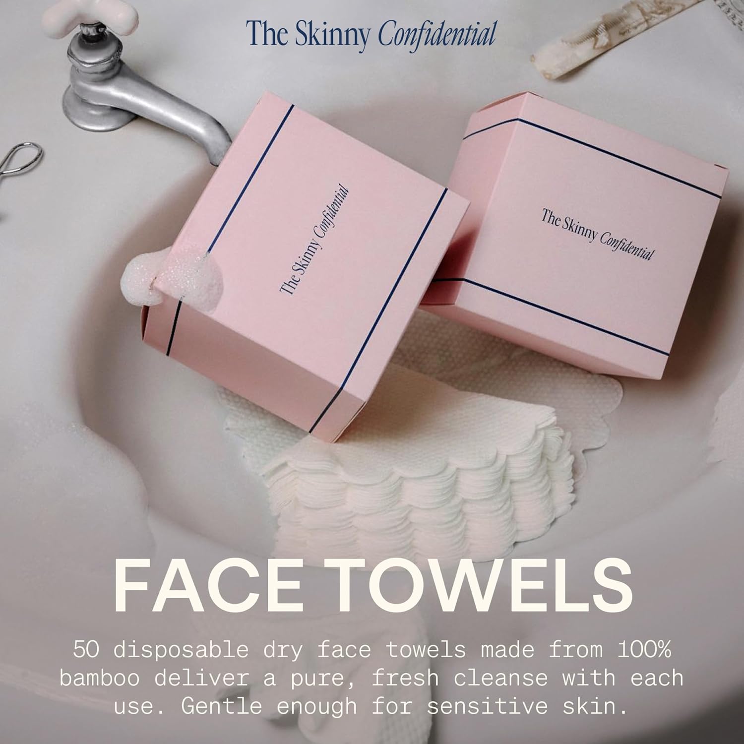 The Skinny Confidential Disposable Face Towels, 50 Count - Silky Soft Gentle Facial Towels - Thick, Highly Absorbent Face Cloth - Premium 100% Rayon Made From Bamboo for Sensitive Skin