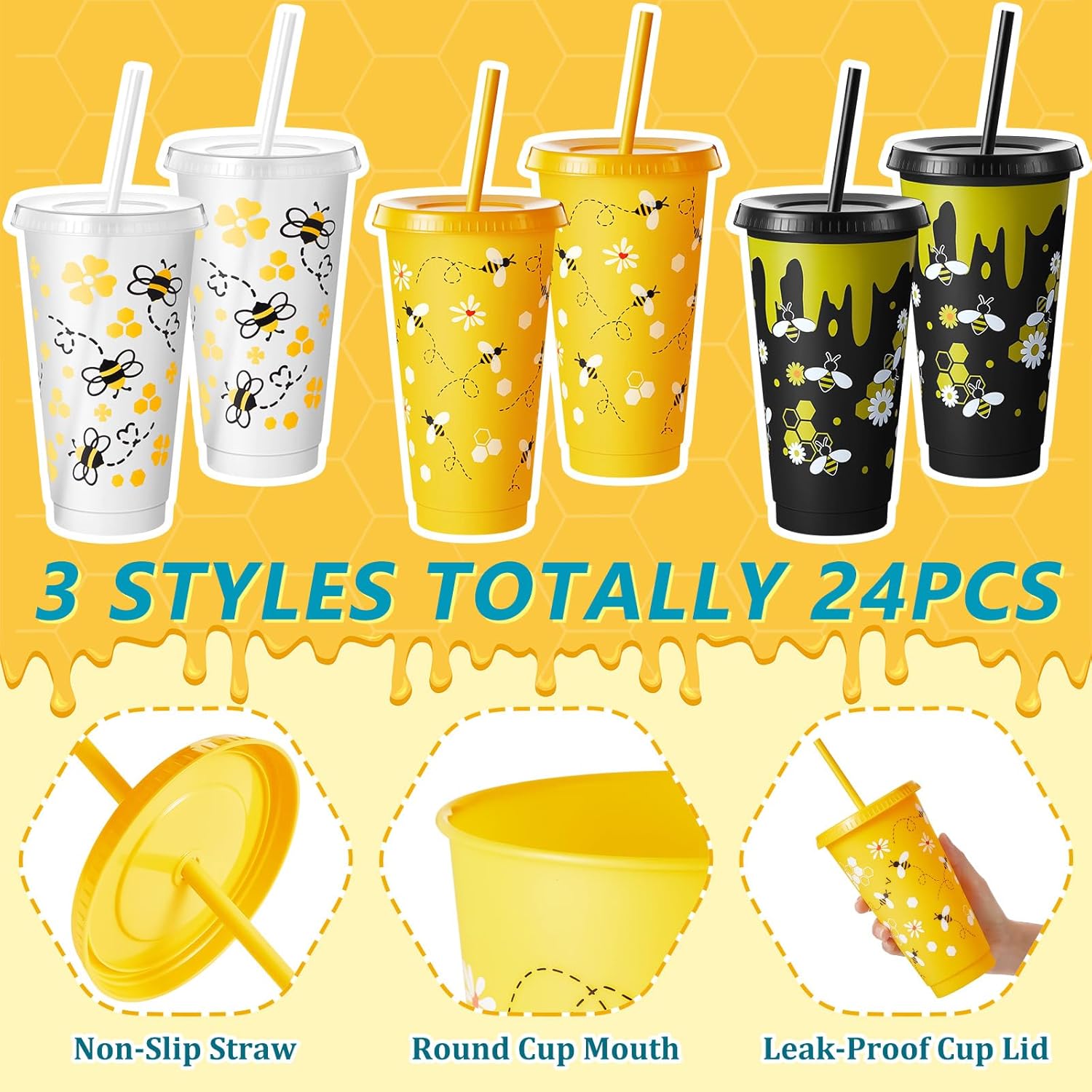 Uiifan 24 Pcs Honey Bee Theme Cups 24oz Reusable Party Plastic Tumbler with Lid and Straw - Bee Birthday Party Decorations Thanksgiving Christmas Gifts
