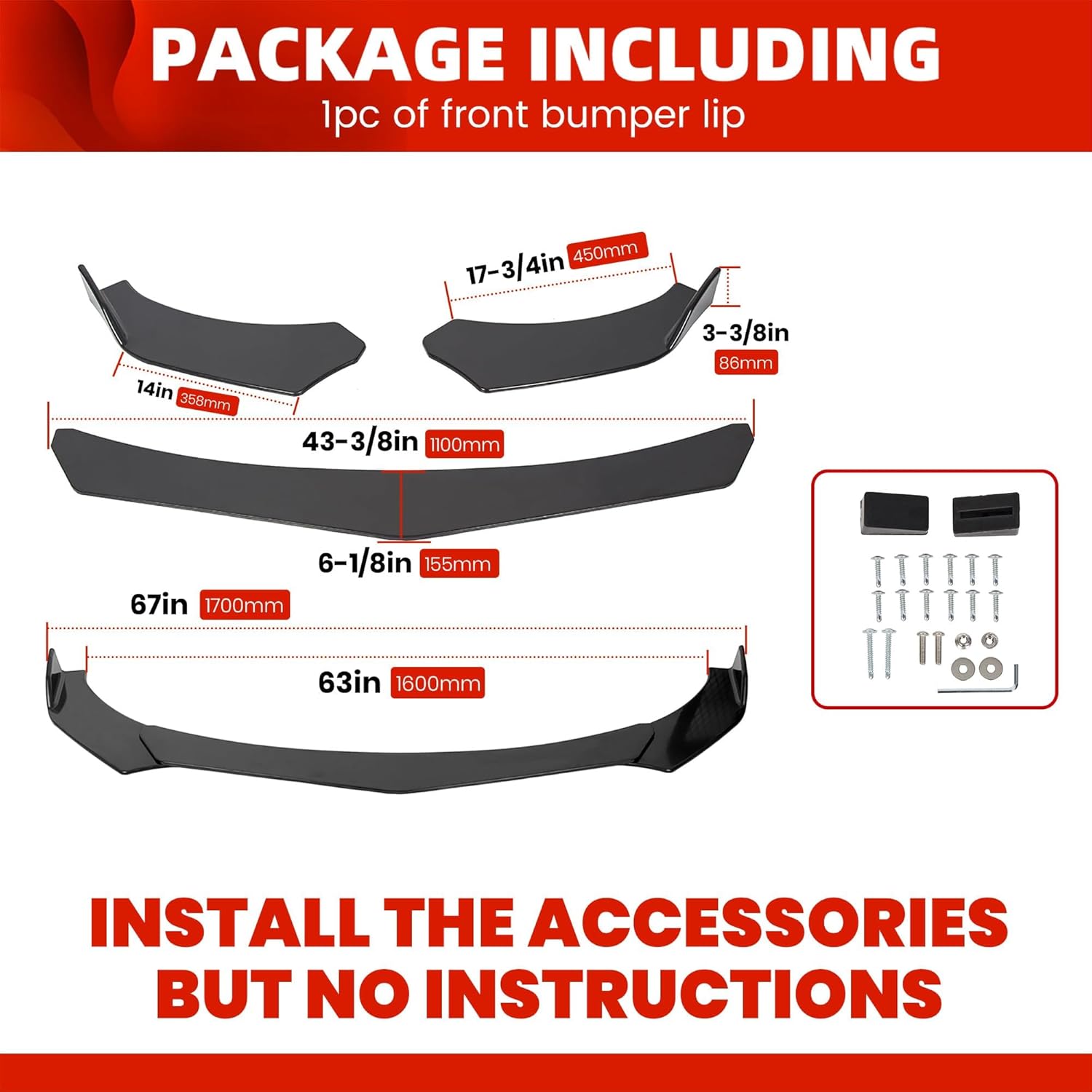 ECOTRIC Black Universal Front Bumper Lip Chin Spoiler ABS Compatible with Audi,Ford,BMW,Honda,Chevrolet,Civic,Benz,Mazda,GMC Car