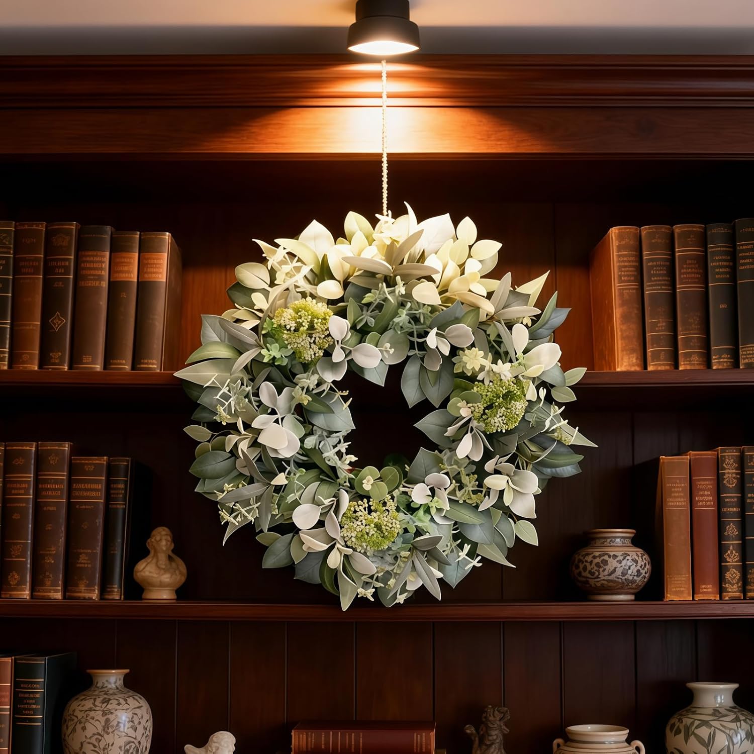 24 Inch Spring Summer Wreath for Front Door - Out Door Eucalyptus Greenery Wreath with Berries Handmade Realistic for Farmhouse Home，Home Decor, Wedding, Party (White/Pastel Green Mix)
