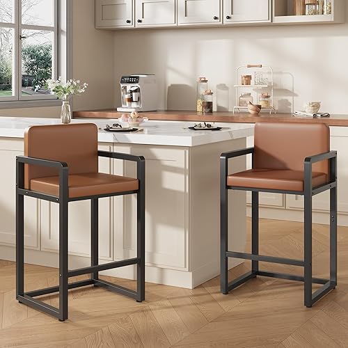 Miniatura 2 de HOOBRO Juego de 2 taburetes de bar de 26 pulgadas de altura de mostrador con tapizado de poliuretano, taburetes de desayuno con reposabrazos y