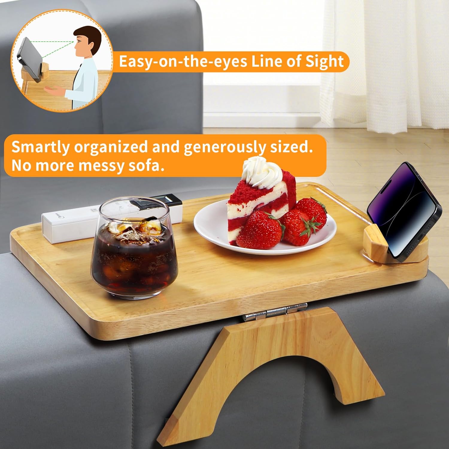 Upgrade 15x9.9 Couch Arm Table Tray for Sofa, Center Console Armrest Clip Table for Car, Wooden, Foldable, Large Space for Eat/Drink/Snack/Remote Control, with 360° Rotating Phone Holder on Left/Right
