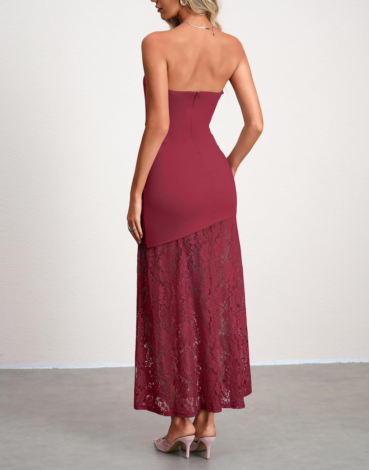 HYPERFIRE Wedding Guest Dresses for Women Summer Strapless Backless Tube Top Maxi Dress with Lace