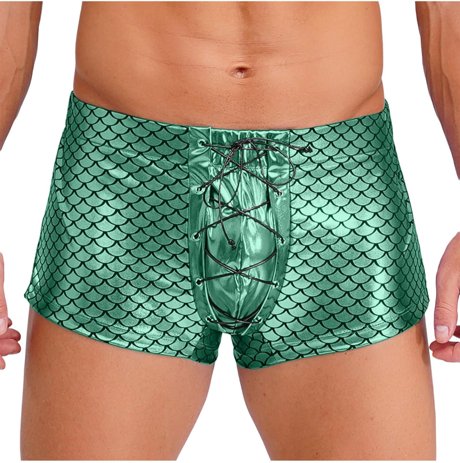 Men Fashion Glittering Boxer Shorts Fish Scales Print Low Waist Front Lace-up Trunks Clubwear