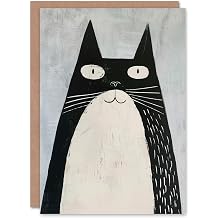 Artery8 Greeting Card Cute Black White Tuxedo Cat Lover Pet Painting Blank For Him Or Her Art Birthday Card