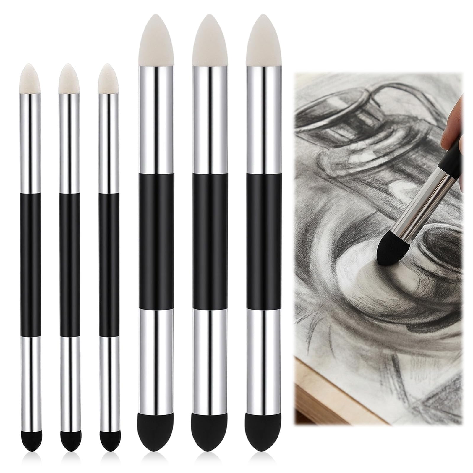 Nogeqi 6 Pcs Dual Tip Blending Stumps, Soft Oil Pastel Blending Tools for Drawing Reusable Art Oil Pastel Tools Washable Sketch Rubbing Sponge for Artist Professional Lightening Highlight Shadow Tool