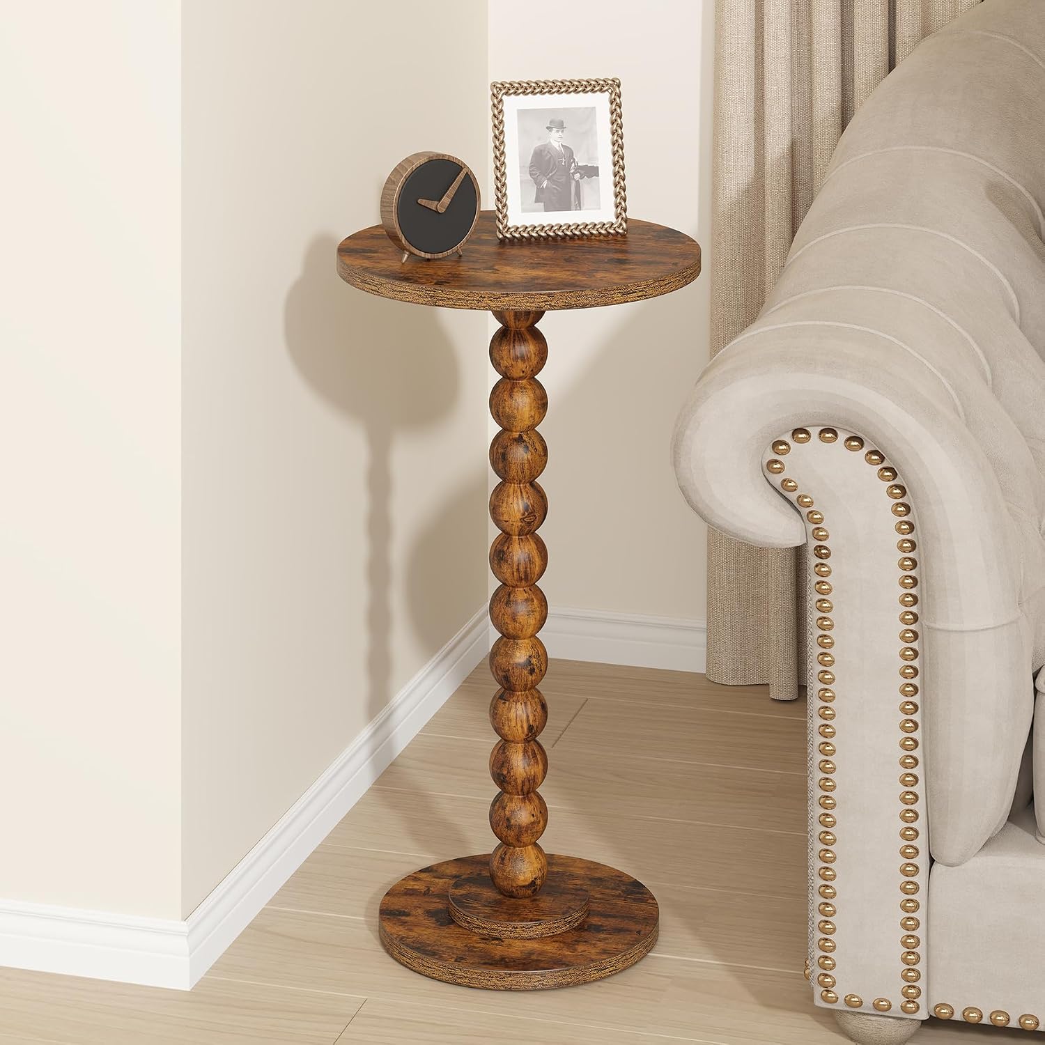 TUTOTAK Round Side Table, Small Drink End Table with Solid Wood Leg