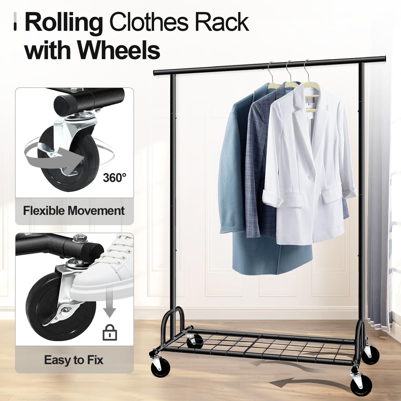 SPECILITE Perchero para Cargas Pesadas, 2 en 1 Perchero Estable con Ruedas y Estantes, Capacidad de Carga 217 kg, Percha Metálico Ajustable para Cargas Pesadas con Ruedas, Negro