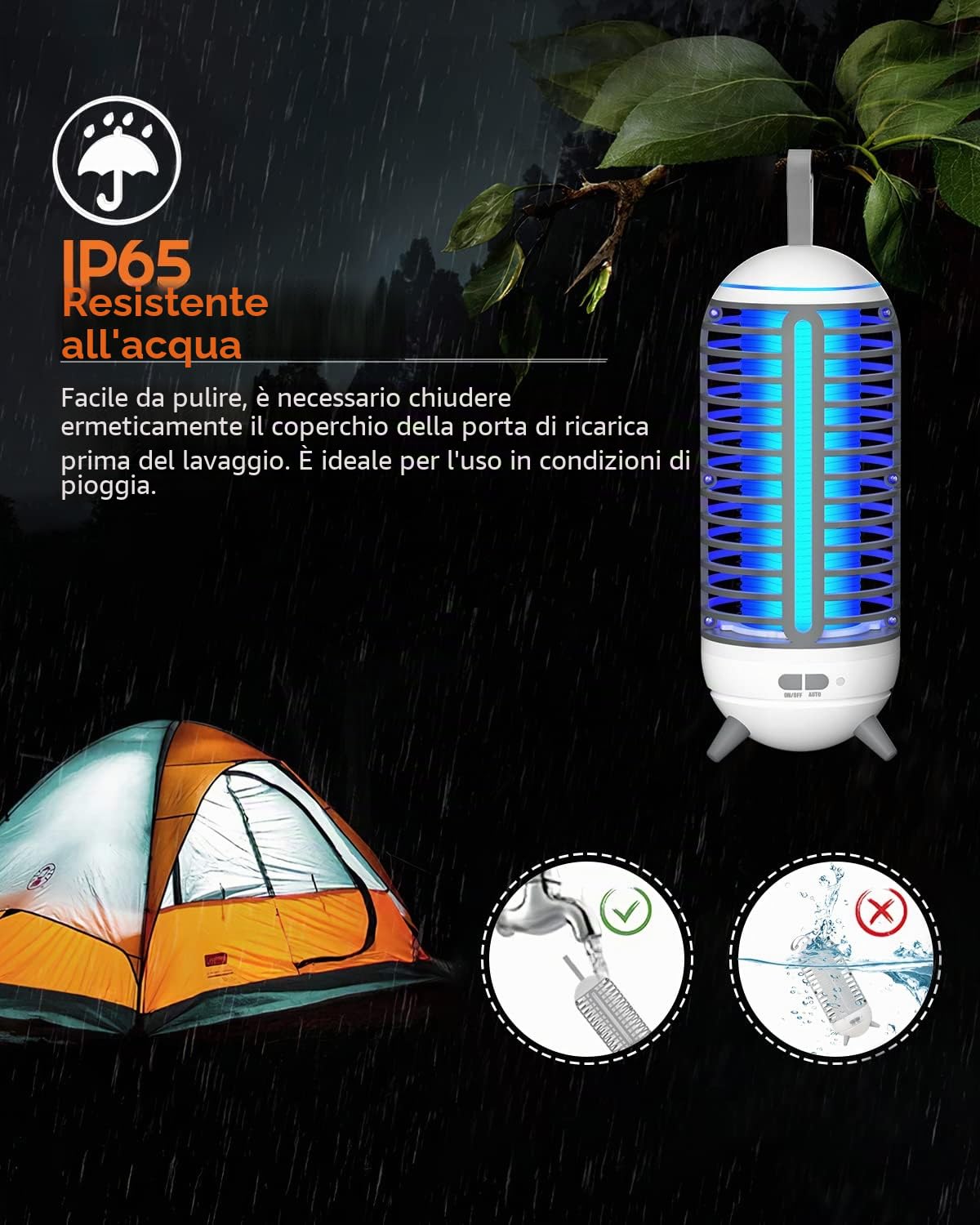 Lampada Antizanzare, PRANITE 2500mAh Zanzariera Elettrica da Campeggio 2 in 1, Antizanzare Giardino Ricaricabile USB, IP65 Insetticida per Zanzare Portatile per Esterno, Interno