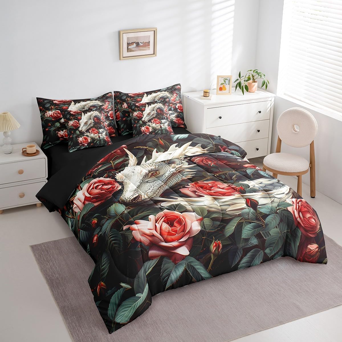 7 Pcs Twin Size Dragon Comforter Set,Roses Flowers Botanical Leaves Bedding Set for Boys Men,Western Dragon Wildlife Animals (Comforter+Fitted+Flat Sheet+2 Pillowcases+2 Throw Pillow Covers)