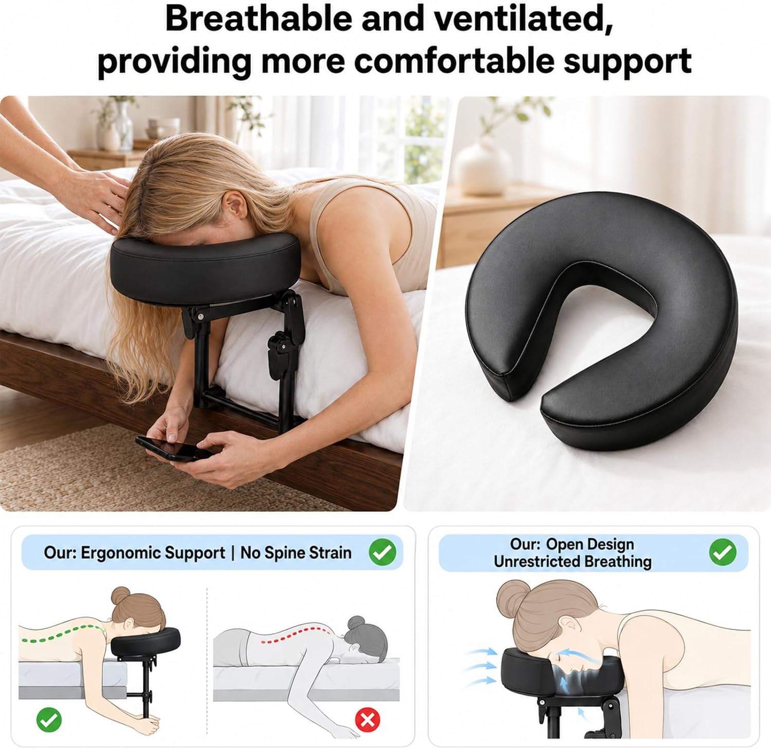 Massage Headrest for Bed, Adjustable Face Cradle with Memory Foam Pillow, Face Down Pillow for Sleeping Mattress, Bed Massage Head Holder for Home Massage & Relaxation