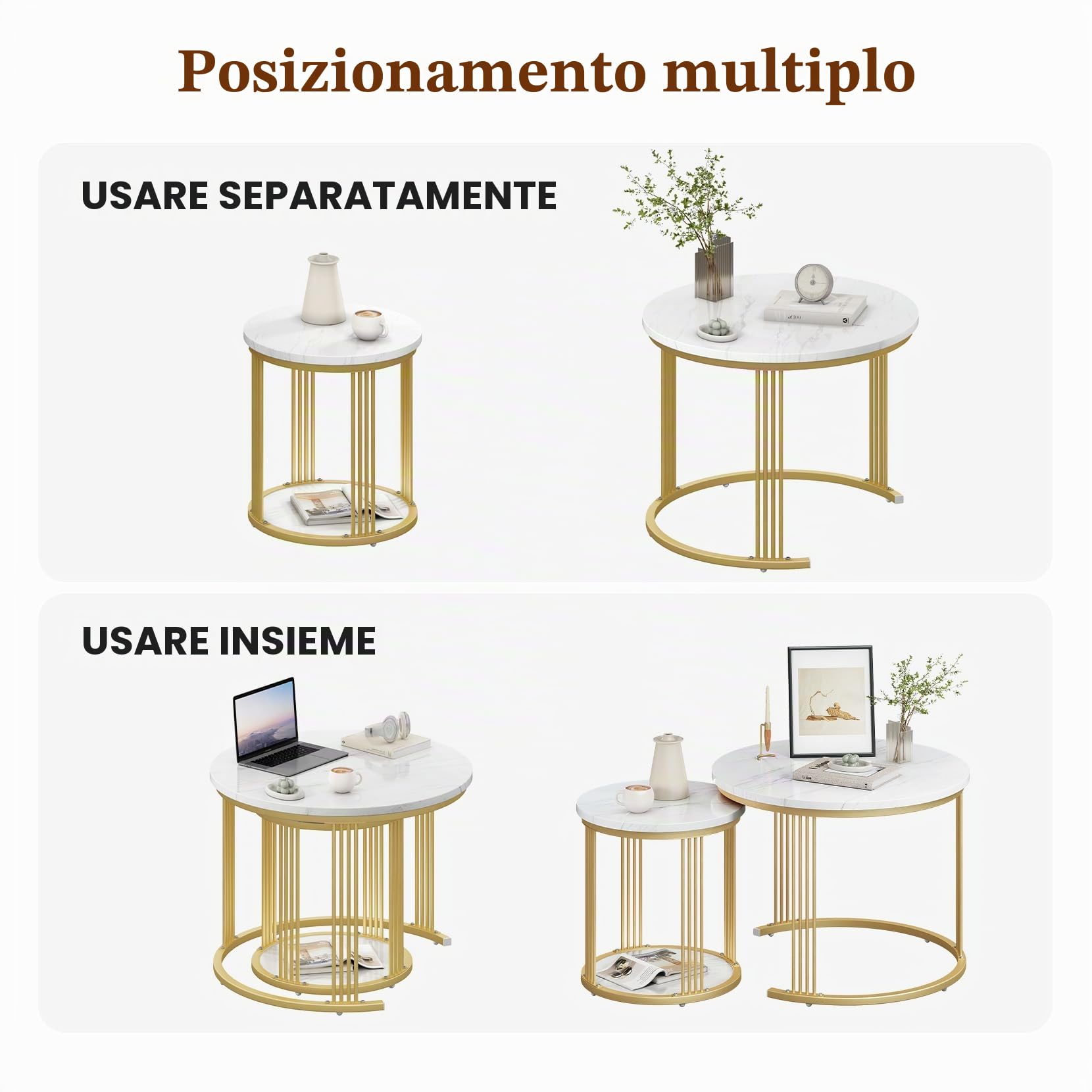 Dripex Set di 2 tavolini rotondi, con vano portaoggetti, telaio in metallo e piano in marmo, tavolino a forma di C per divano, camera da letto, ufficio, bianco