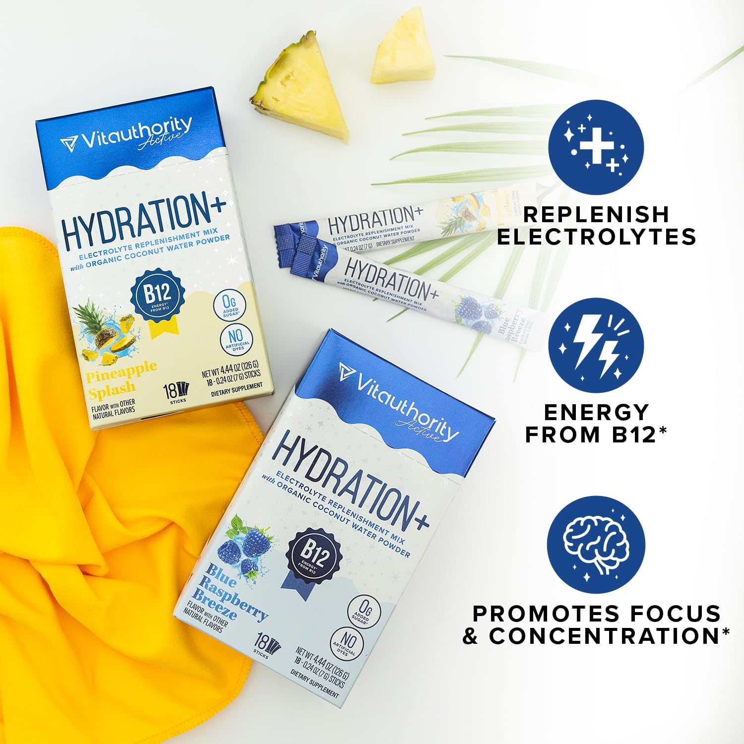 Hydration Electrolyte Powder Packets Blend Magnesium Calcium Sodium Potassium | Coconut Water + Vitamin C & B12 | Sugar-Free, Vegan, Non-GMO, Energy & Immune Support, 18 Servings Blue Raspberry Flavor