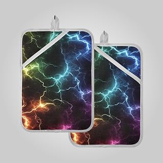 Large Pot Holder Heat Resistant Black Colorful Lightning Potholders for Kitchens with Pocket Kitchen Hot Pads Oven Pads 2 Pack Decor Decoration Decorative