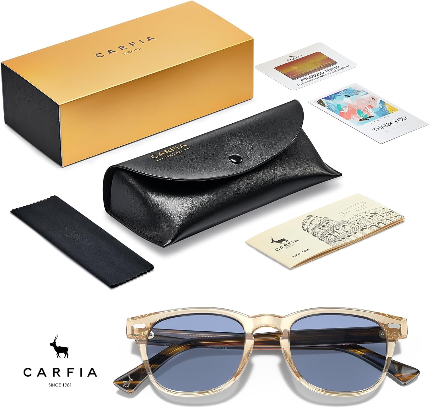 CARFIA Modern Retro Small Face Polarized Sunglasses for Men Classic Square Hand-crafted Acetate Frame CA2132