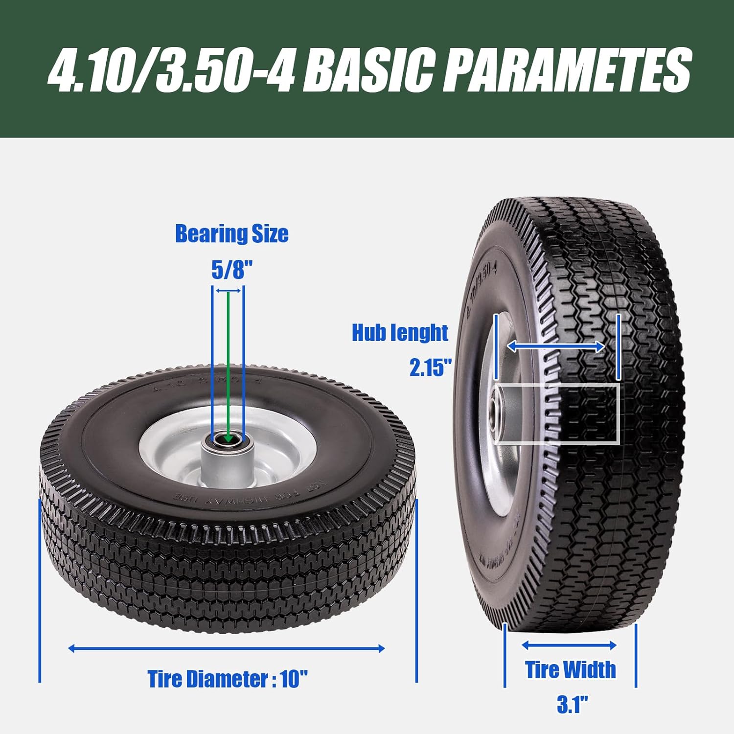 4.10/3.50-4 Tire & Wheel Flat Free, 2 Pcs Heavy Duty Solid PU Non-inflated Tires with Double Sealed Bearings, 5/8 in Axle Bore Hole & 2.15 in Offset Hub for Dolly/Garden Cart/Wheelbarrow/Wagon 2 Pack Tires
